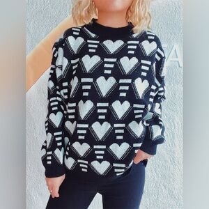 Heart Contrast Long Sleeve Dropped Shoulder Sweater